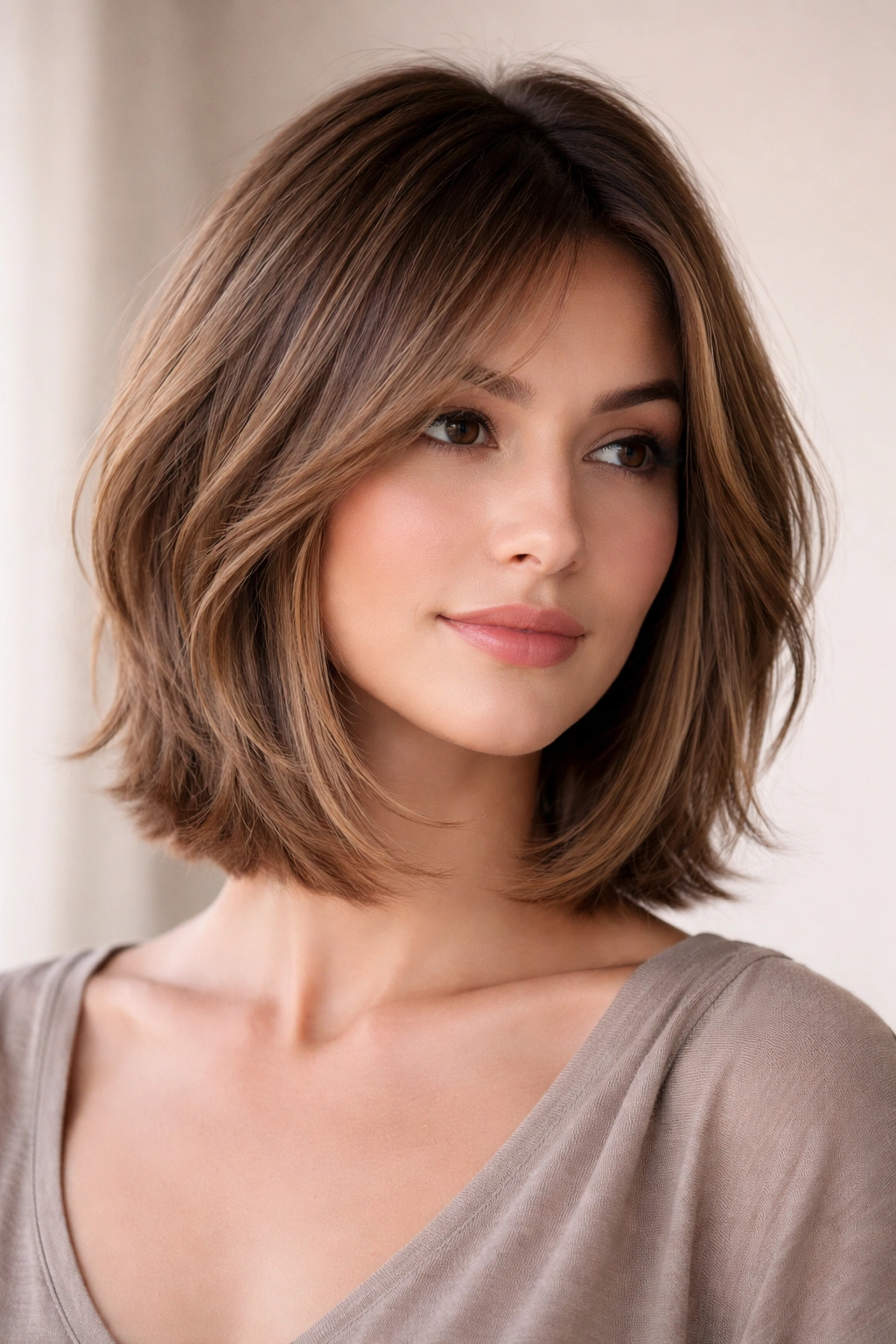 Long layered bob with wispy face-framing pieces