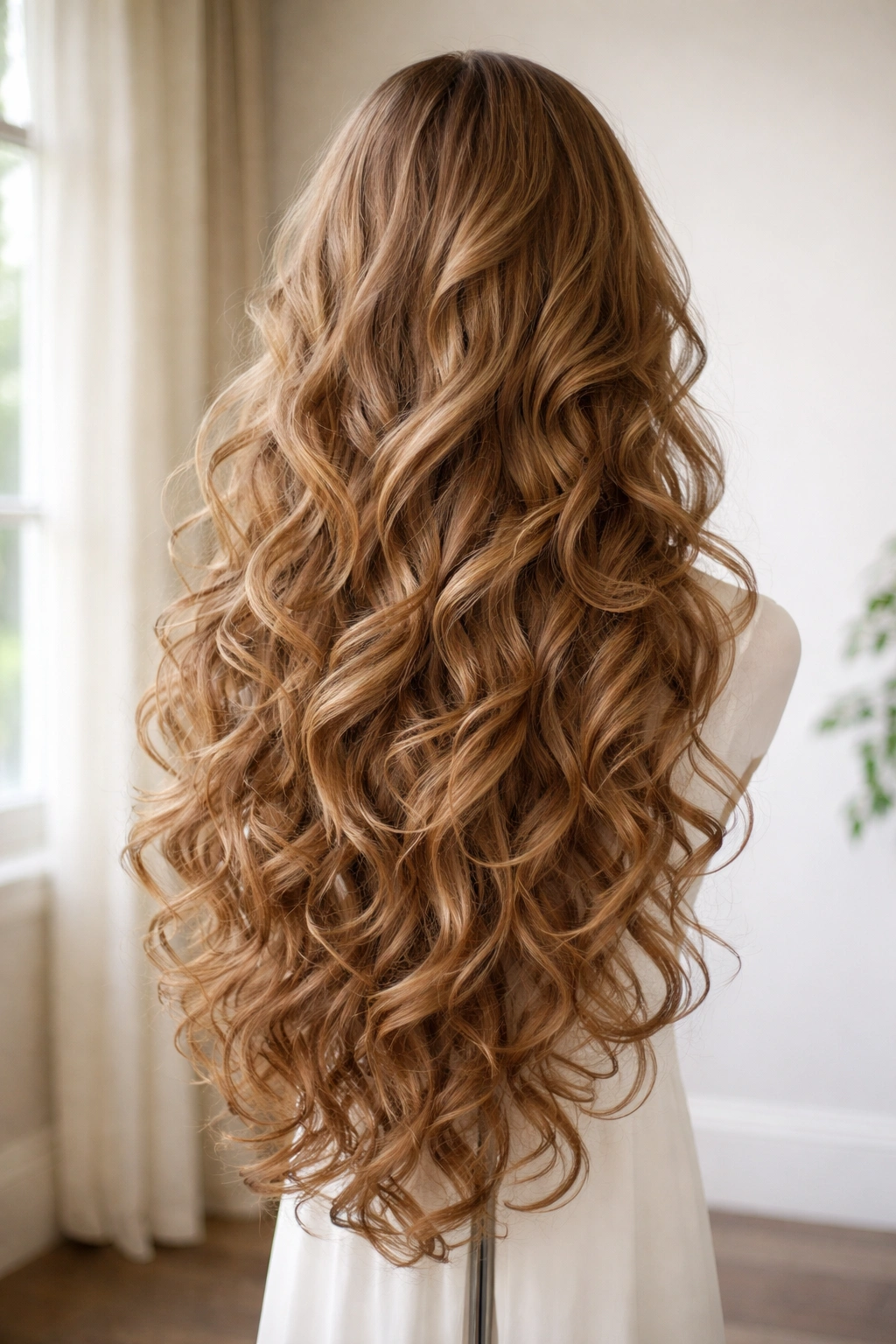 Long curly wig with layered cut showing movement
