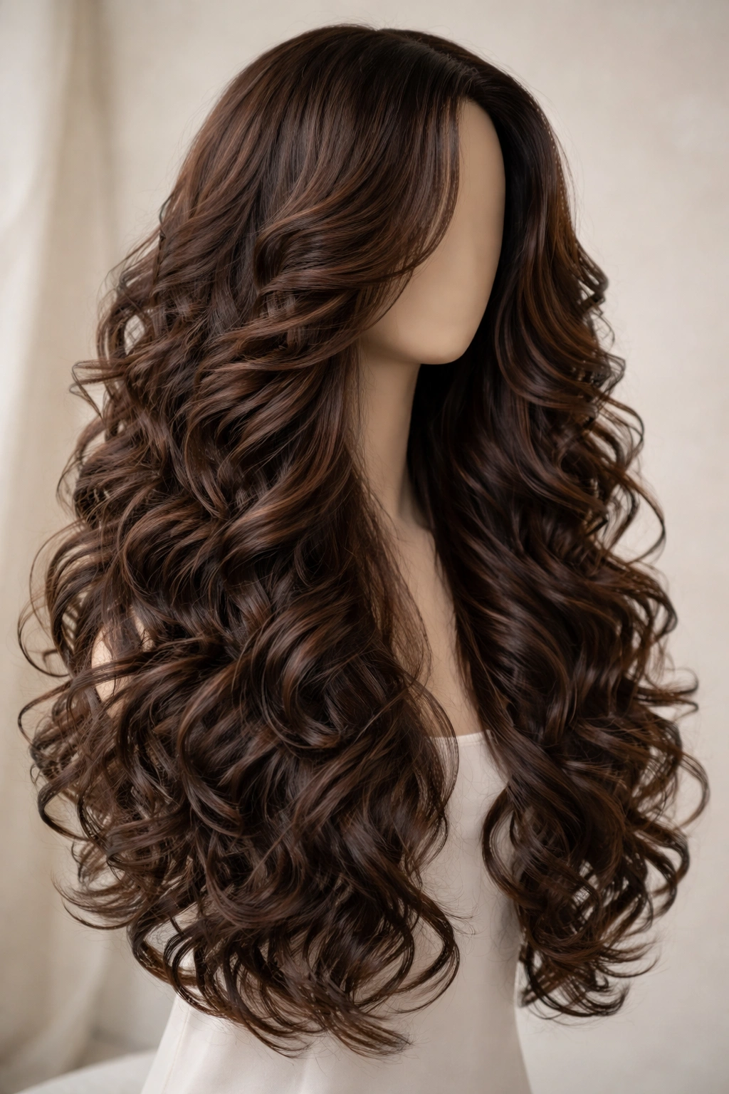 Close-up of a long layered curly wig with feathered layers and defined curls on a neutral backdrop