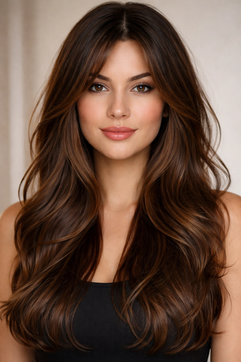 Portrait of a person with long layered cut and face-framing pieces at cheekbone height