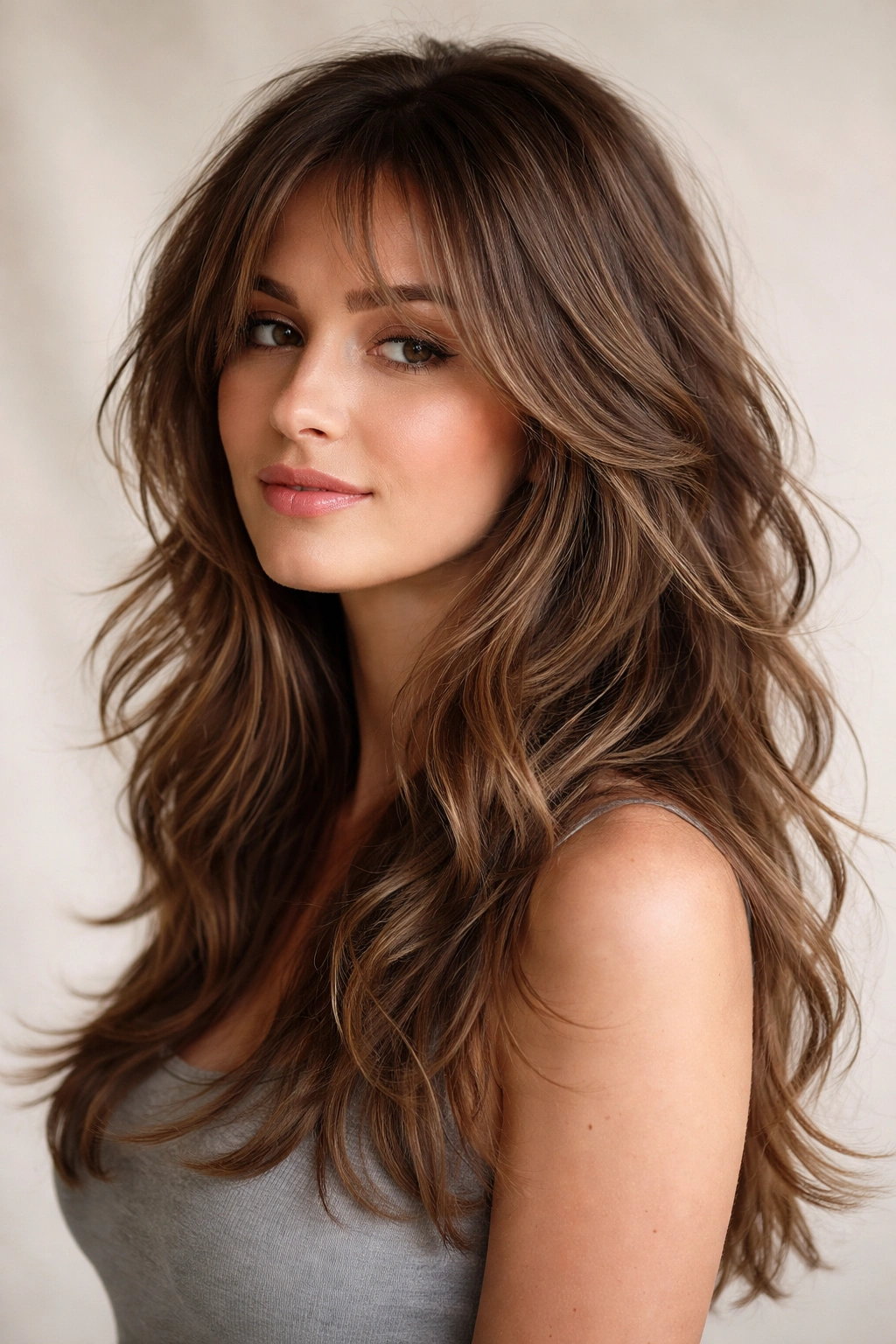 Long layered shag with soft, tousled waves framing the face.