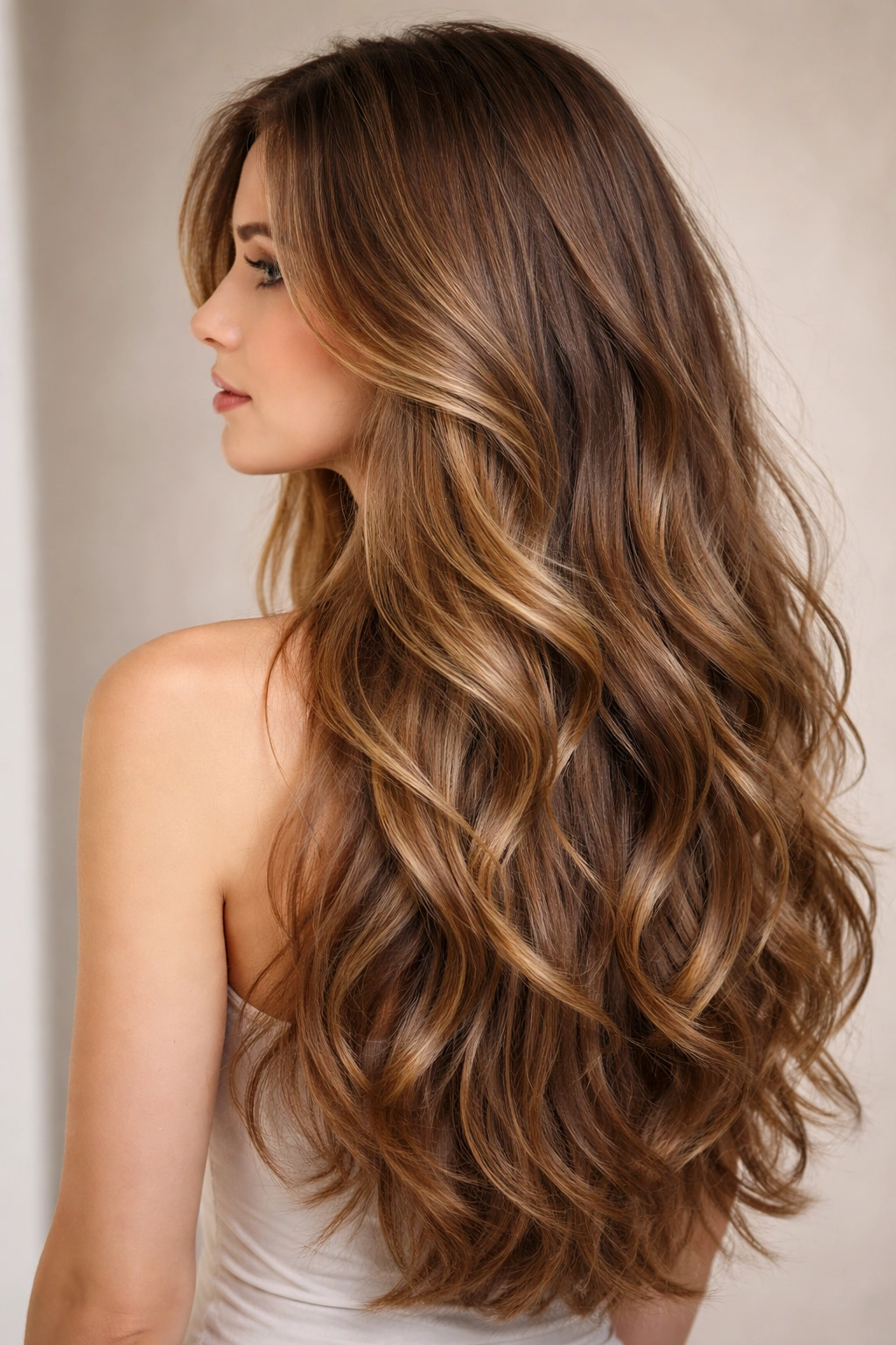 Long layered waves hairstyle with choppy, graduated layers cascading down the back