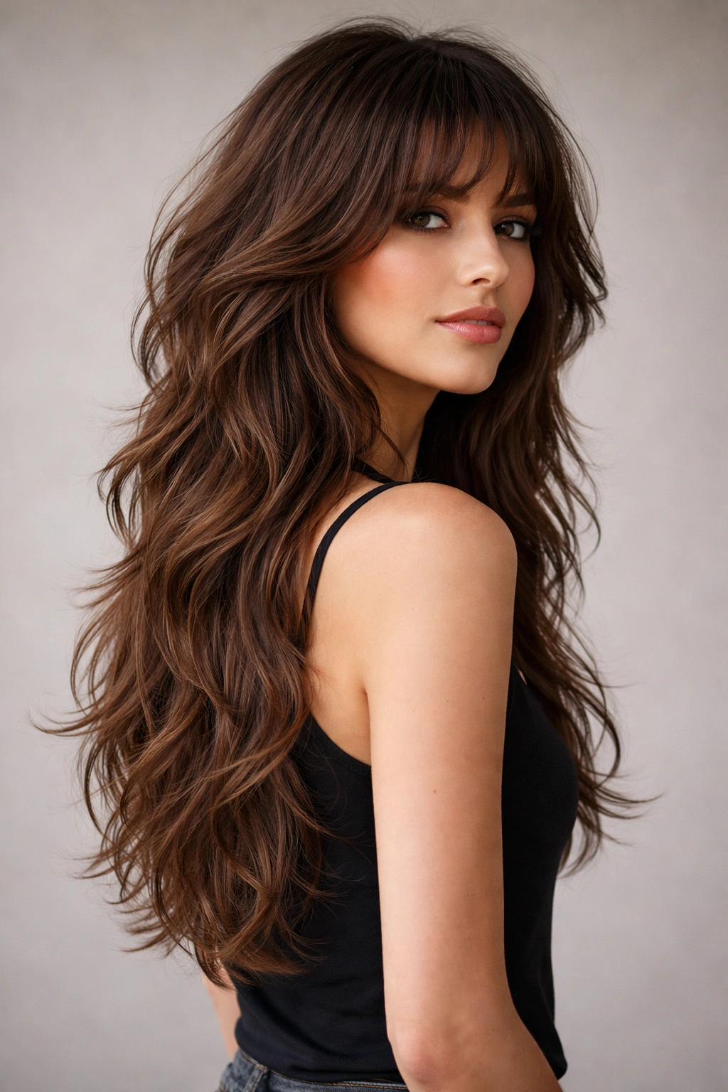 Portrait of long layered wave wolf cut with flowing waves past shoulders