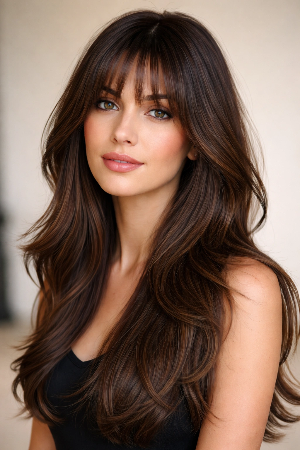 Long layered hairstyle with strategic bangs framing the face.
