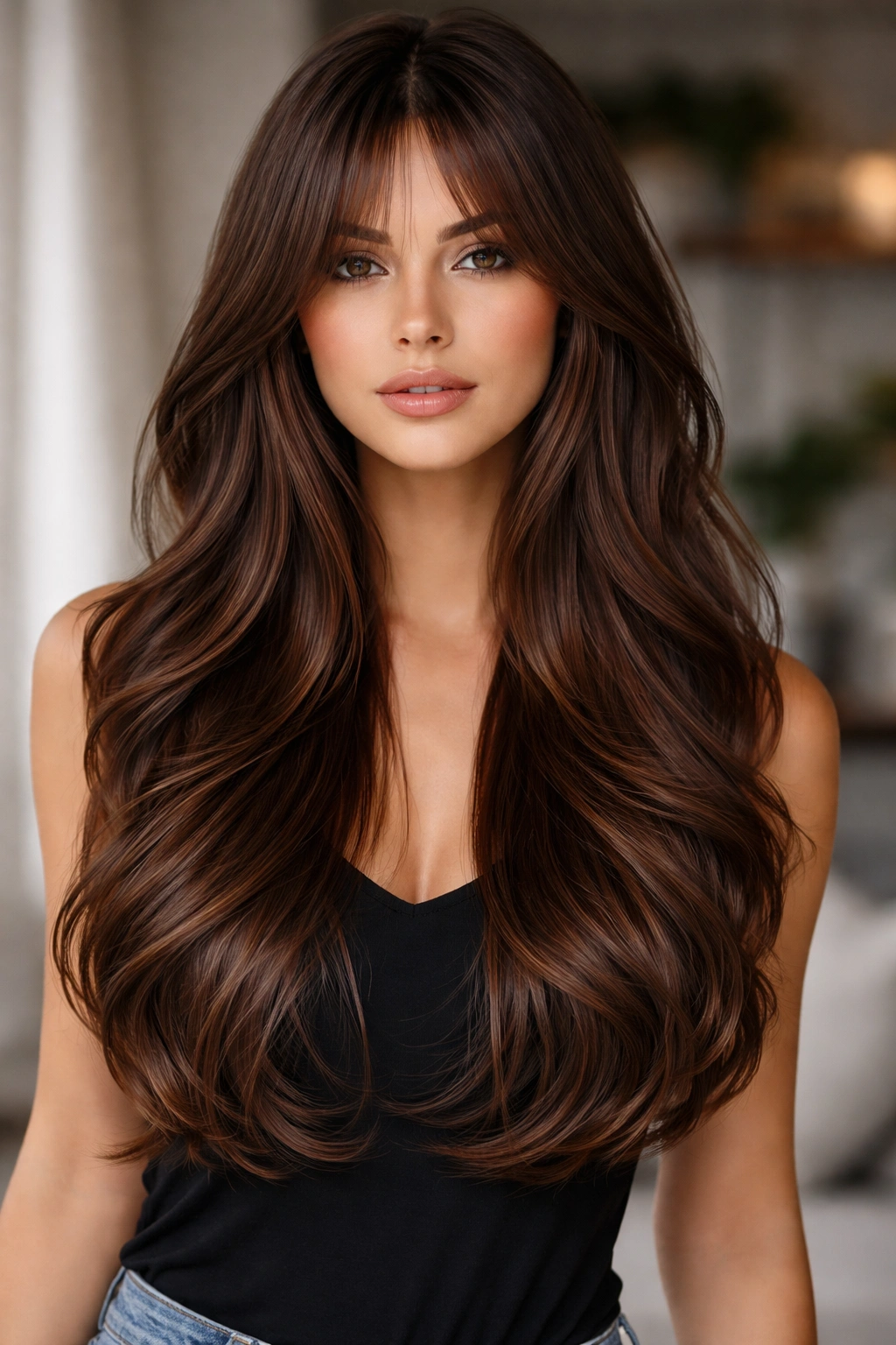 Long dark caramel hair with curtain bangs and layered movement
