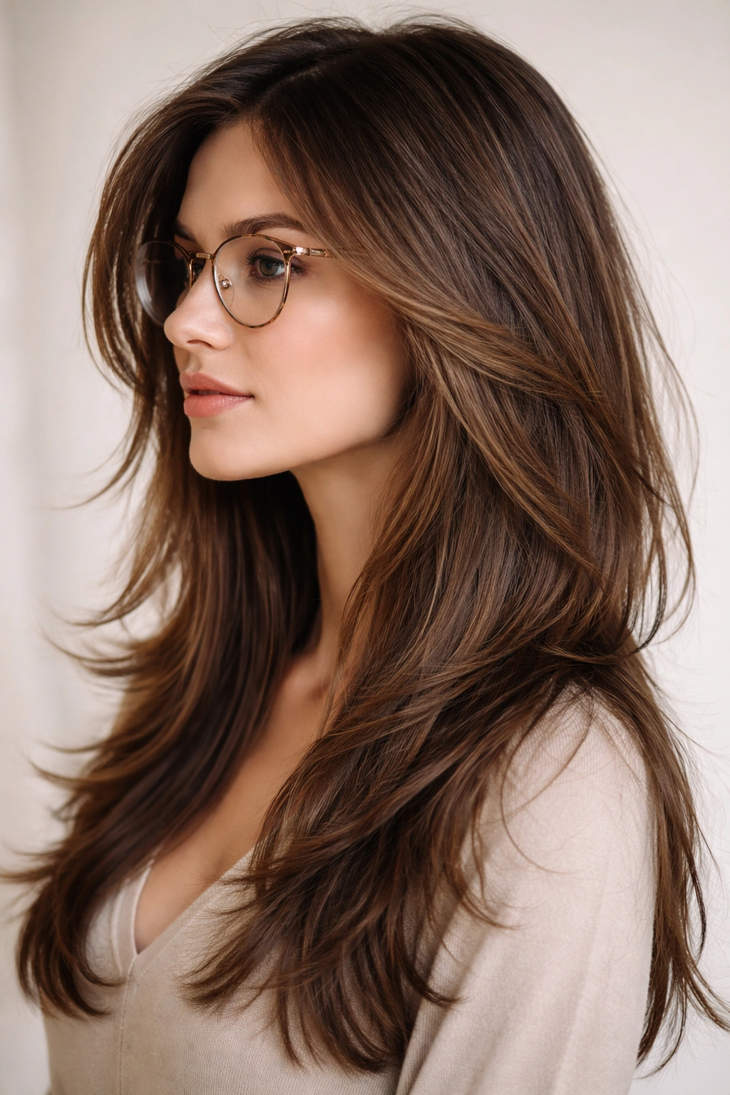 Portrait of a woman with long hair featuring face-framing layers