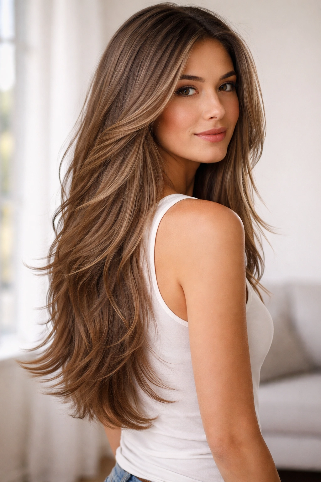Long hair with feathered ends and mid-back length