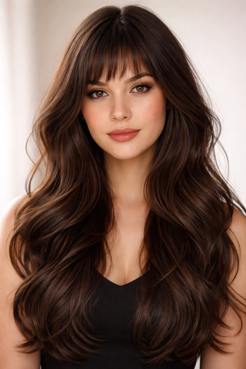 Model with long layers and micro-bangs side-swept