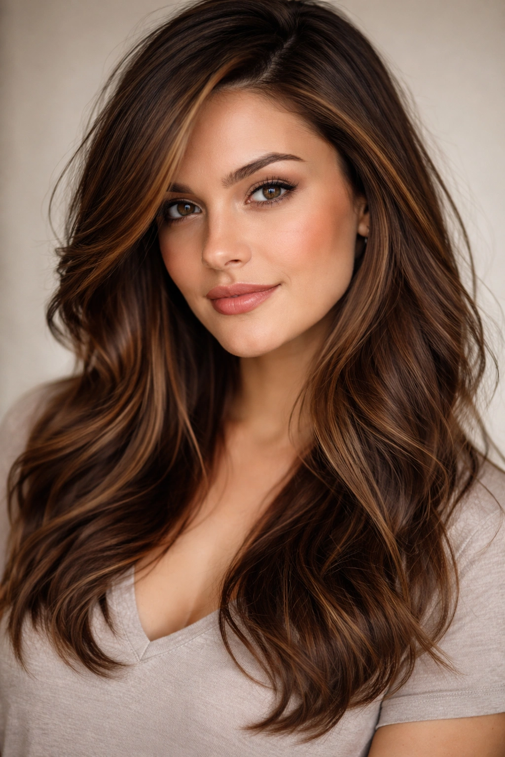 Long layered hairstyle with a deep side part framing a round-face model