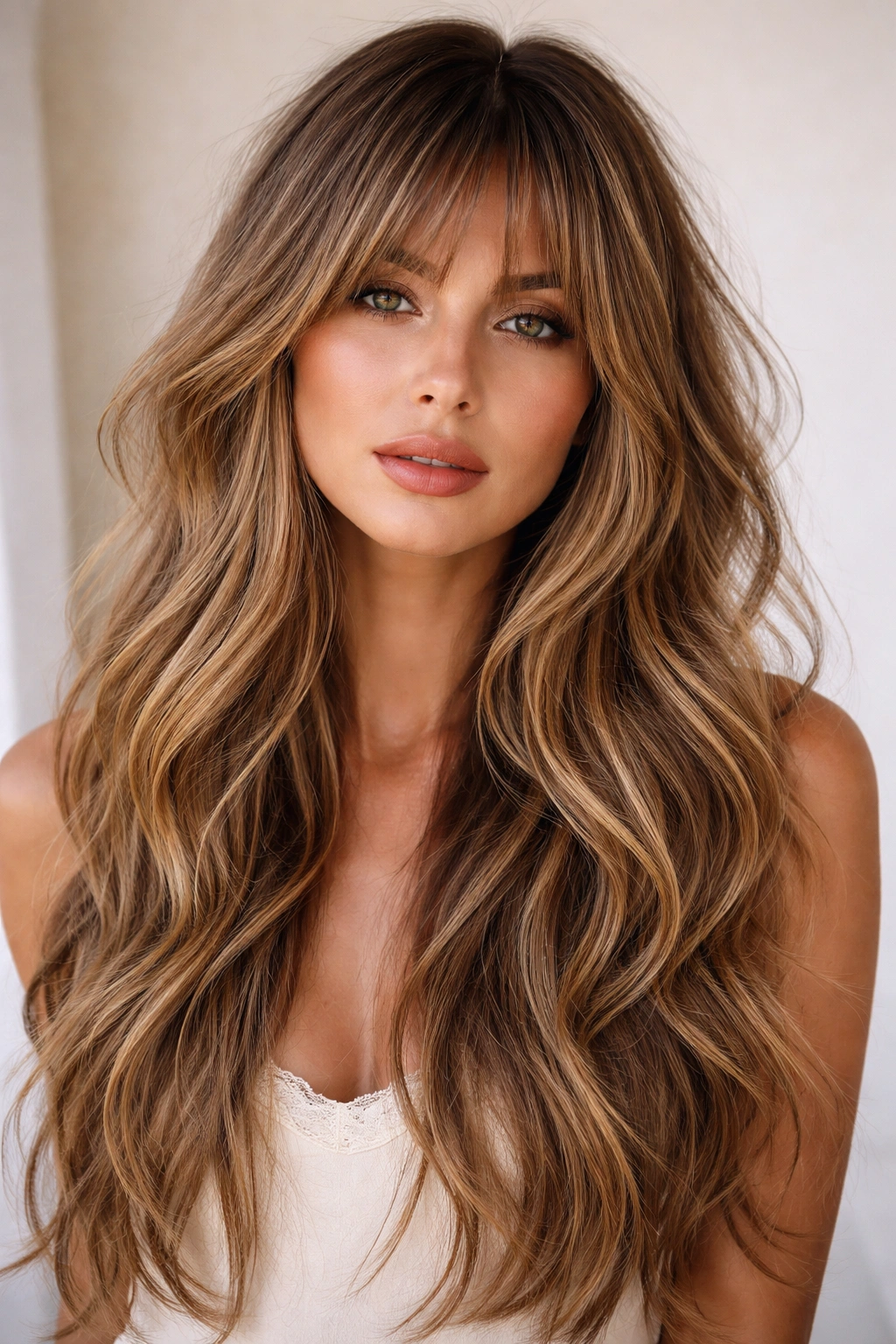 Long layered hair with textured bangs blending into waves