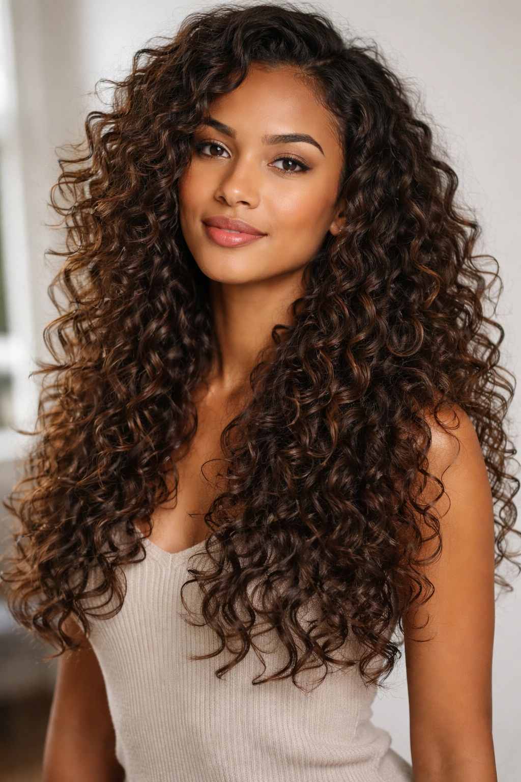 Portrait of long layered curls with trimmed ends