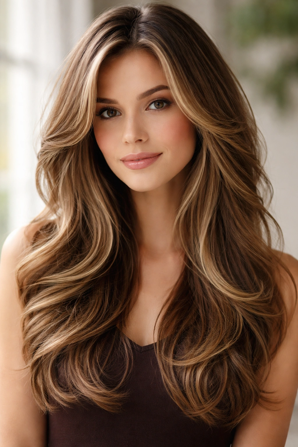 Long layered waves with face-framing pieces on a heart-shaped face in studio lighting