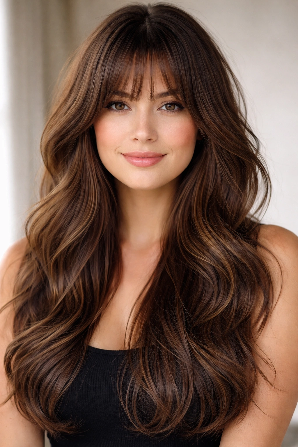 Long layered hair with wispy bangs framing a rounded face.
