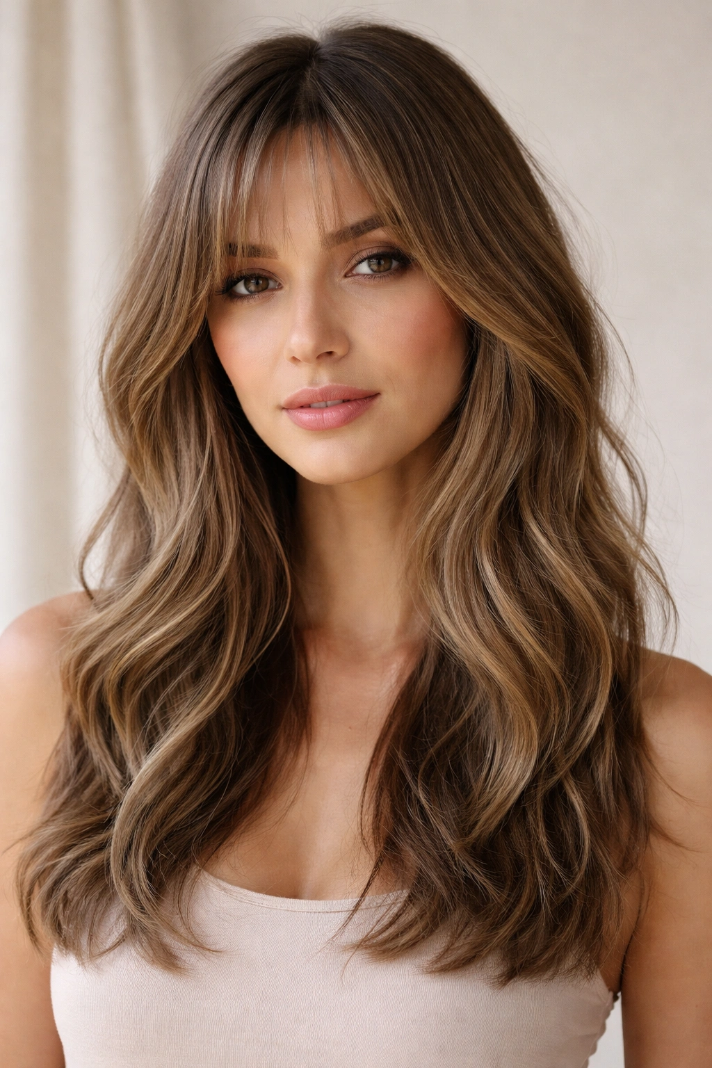 Wavy shoulder-length hair with long layers and wispy curtain bangs