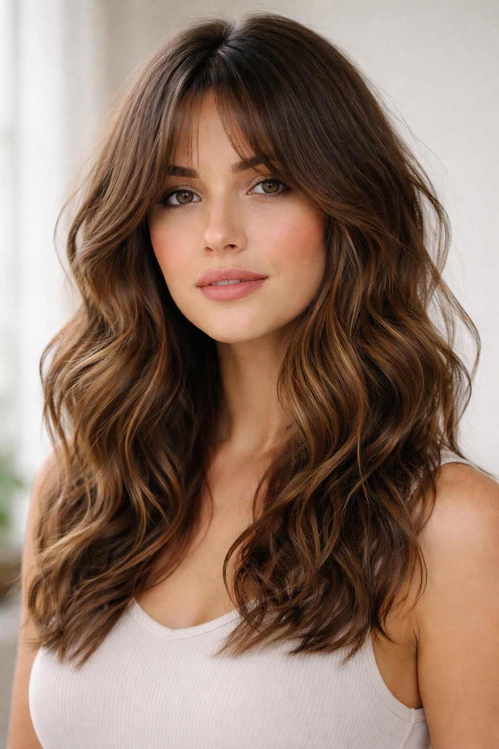 Long wavy lob with softly framed bangs.