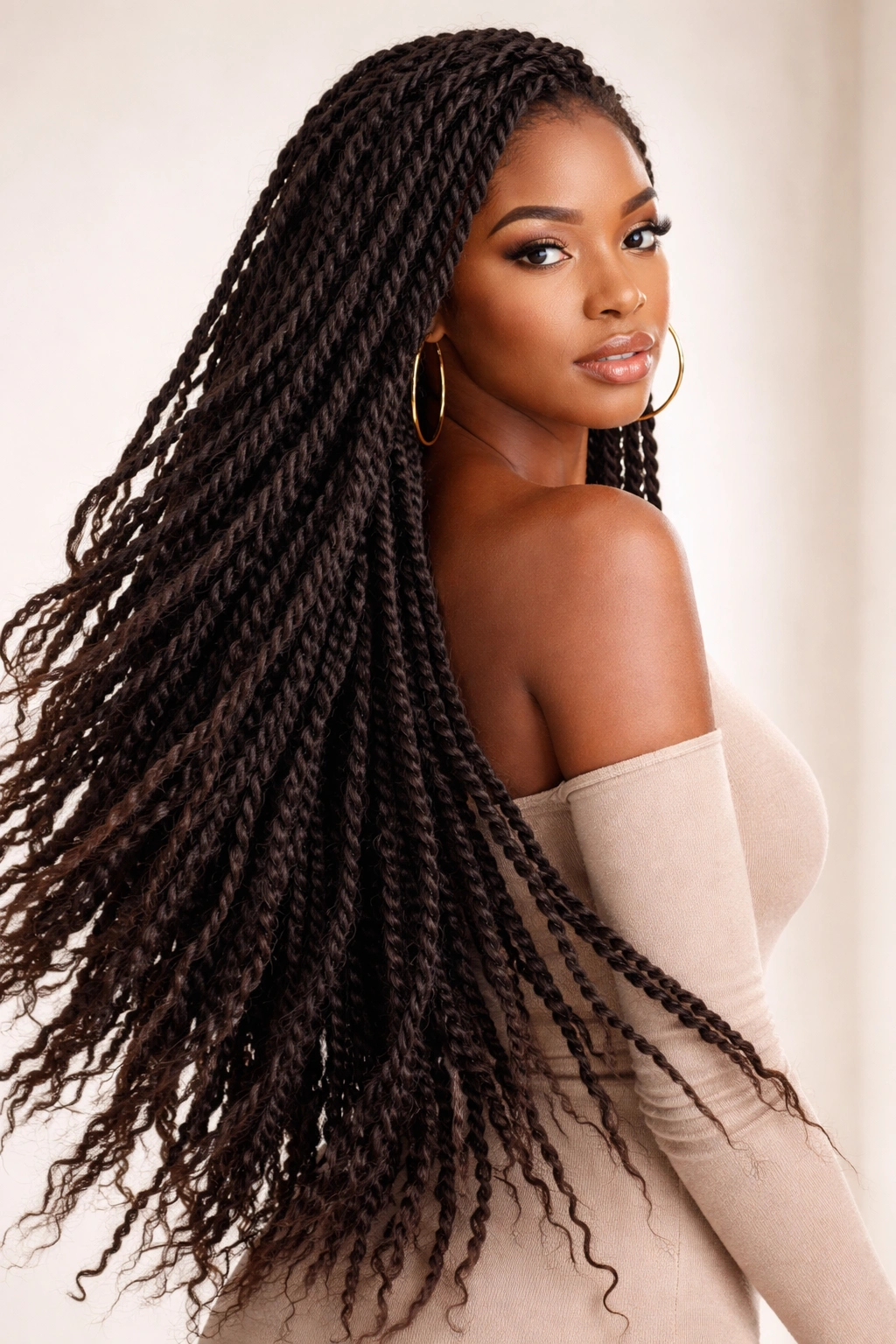 Long Marley twists flowing past shoulders with graceful movement