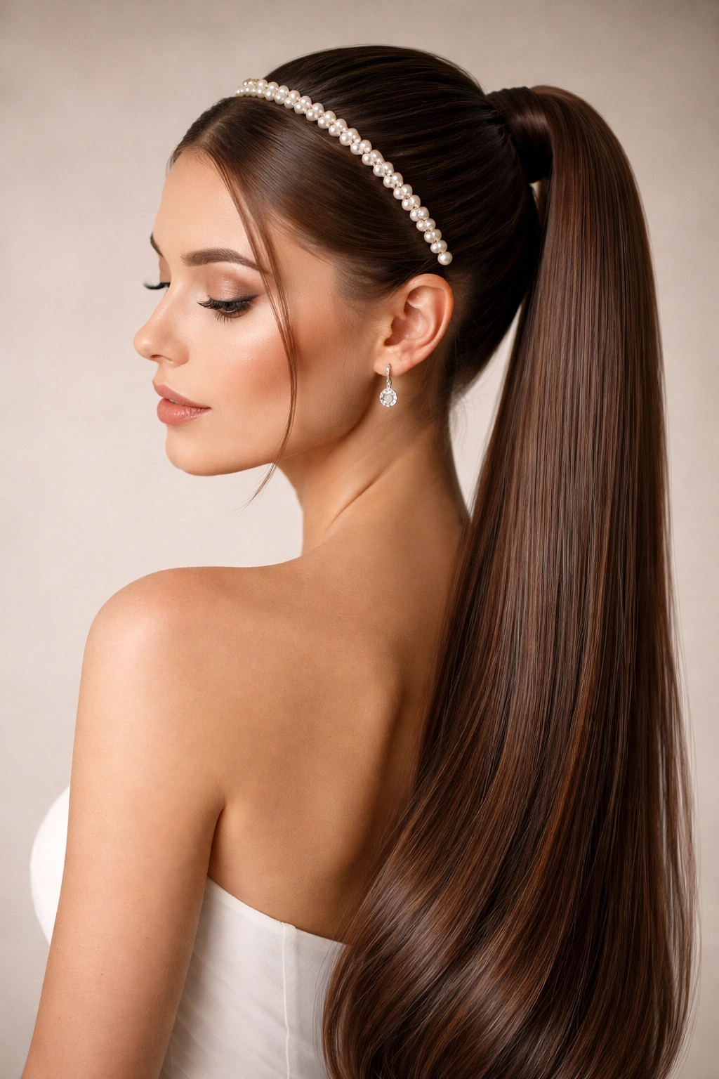 Long sleek ponytail with pearl headband, showcasing length and shine