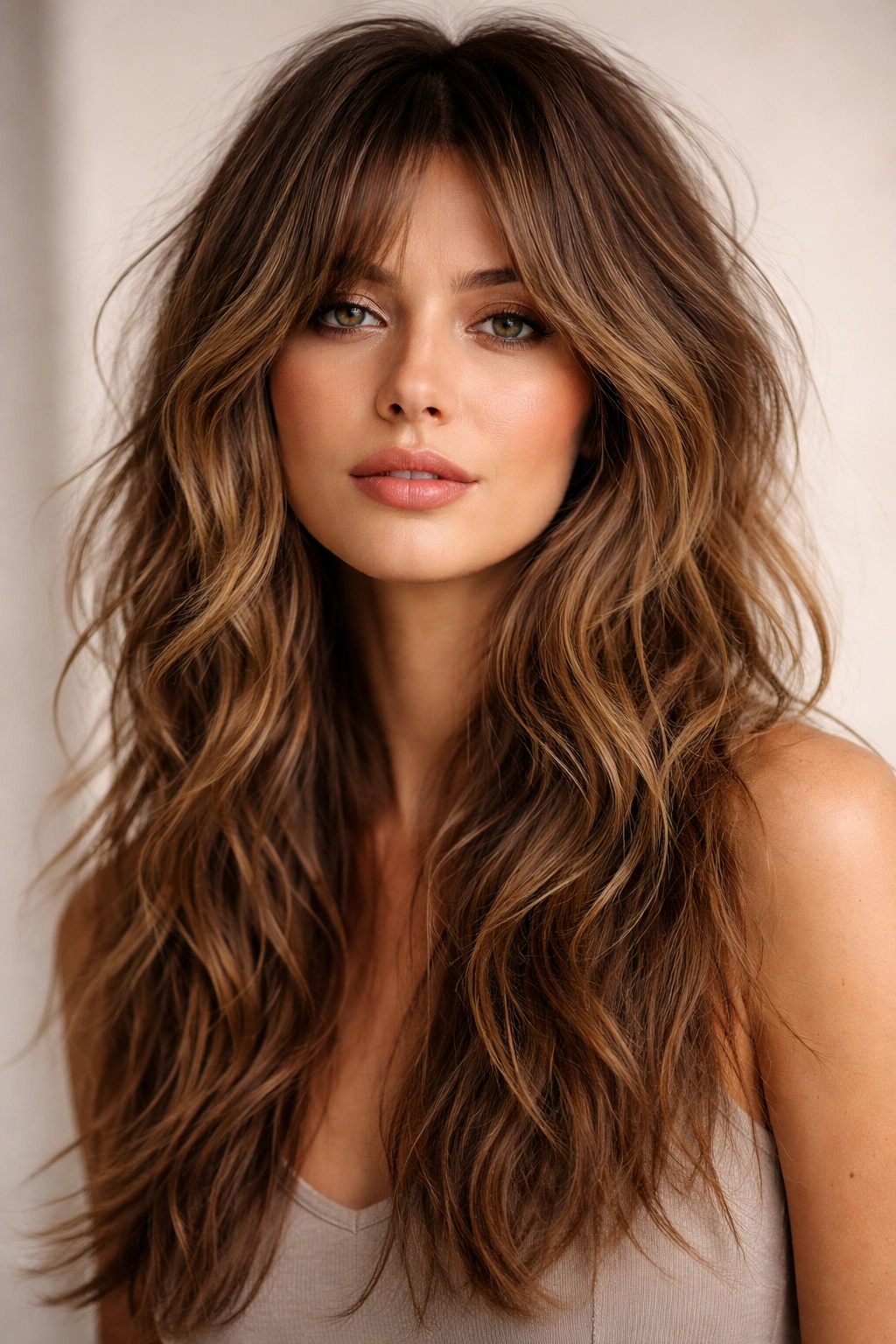 Long shag hairstyle with face-framing layers and tousled texture