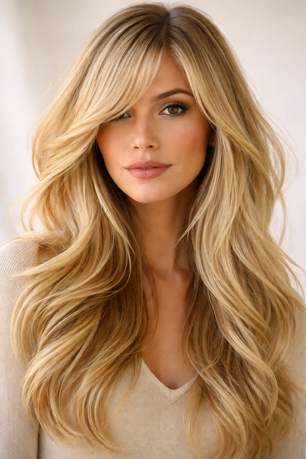 Long side-swept bangs blending into layered blonde hair with soft movement