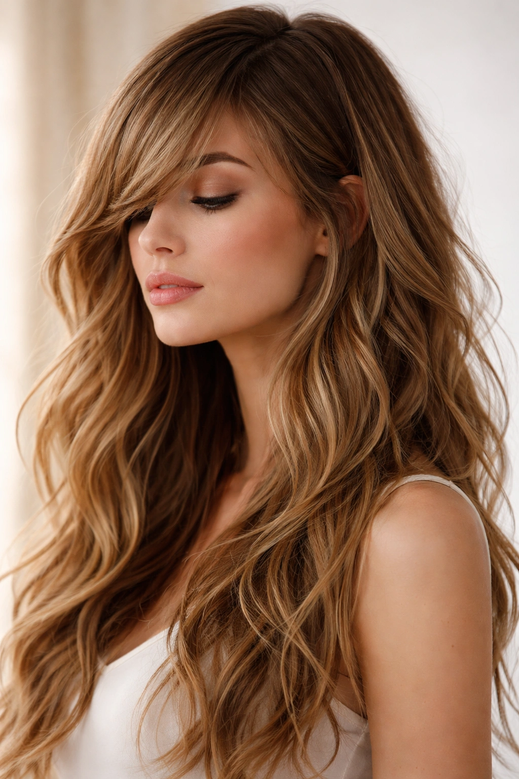 Long sideswept bangs with textured waves on a model