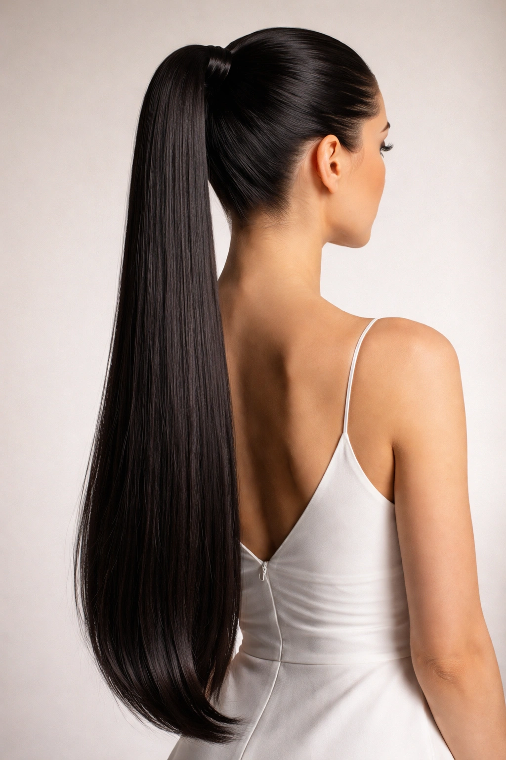 Long, sleek ponytail with extreme length and radiant shine