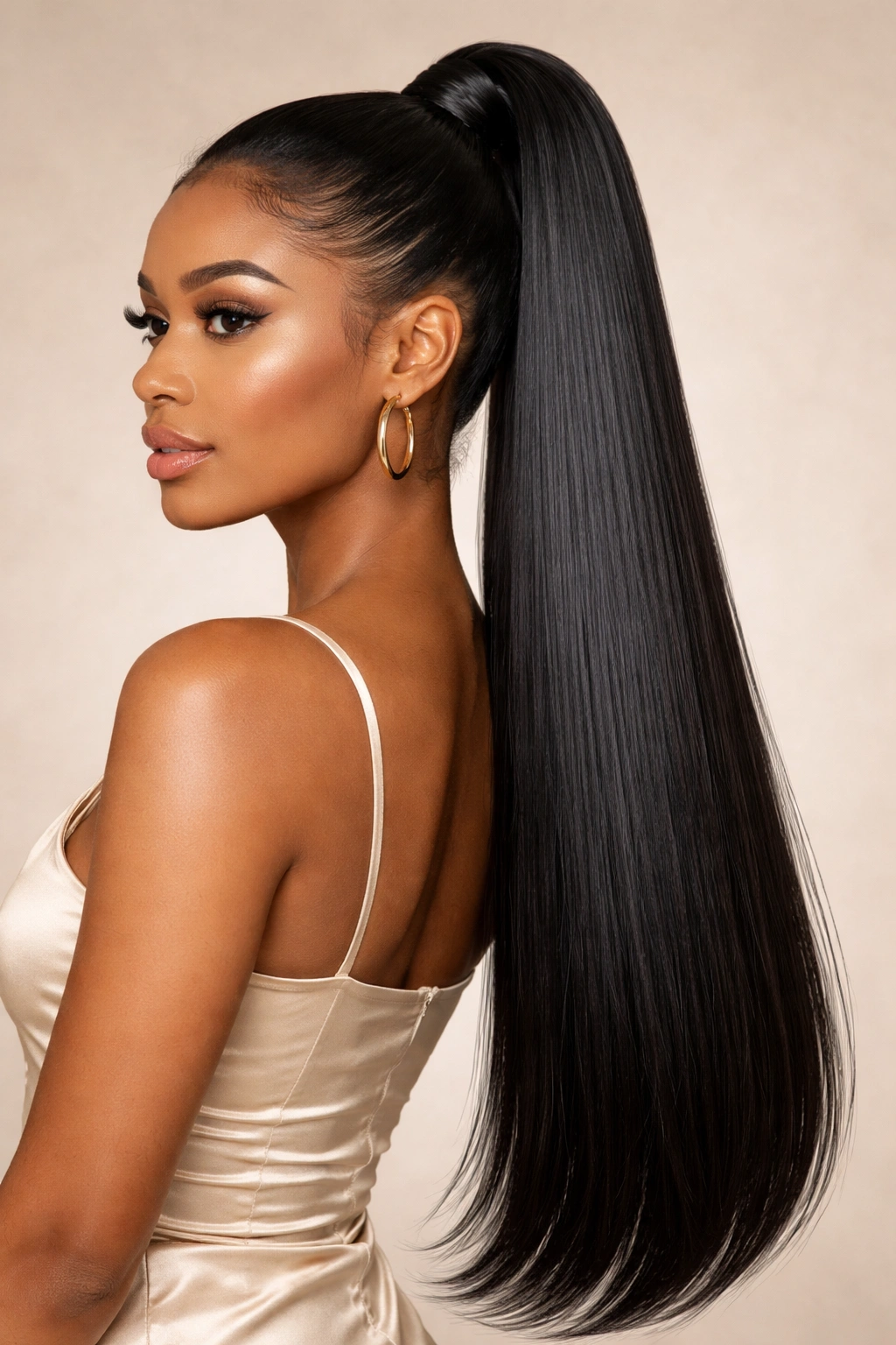 Long straight weave ponytail with high base and glossy finish
