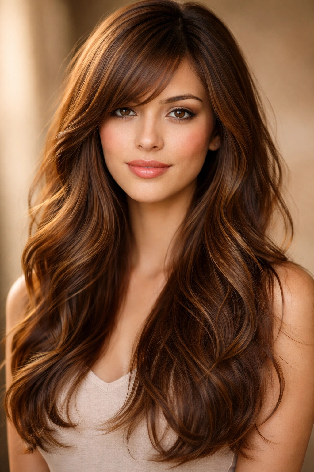 Long textured hair with sideswept bangs draping one side of the face