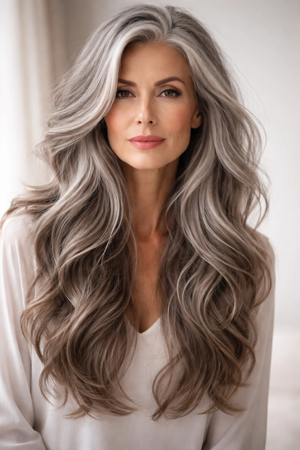 Long textured waves with layers in gray hair showing depth and shine