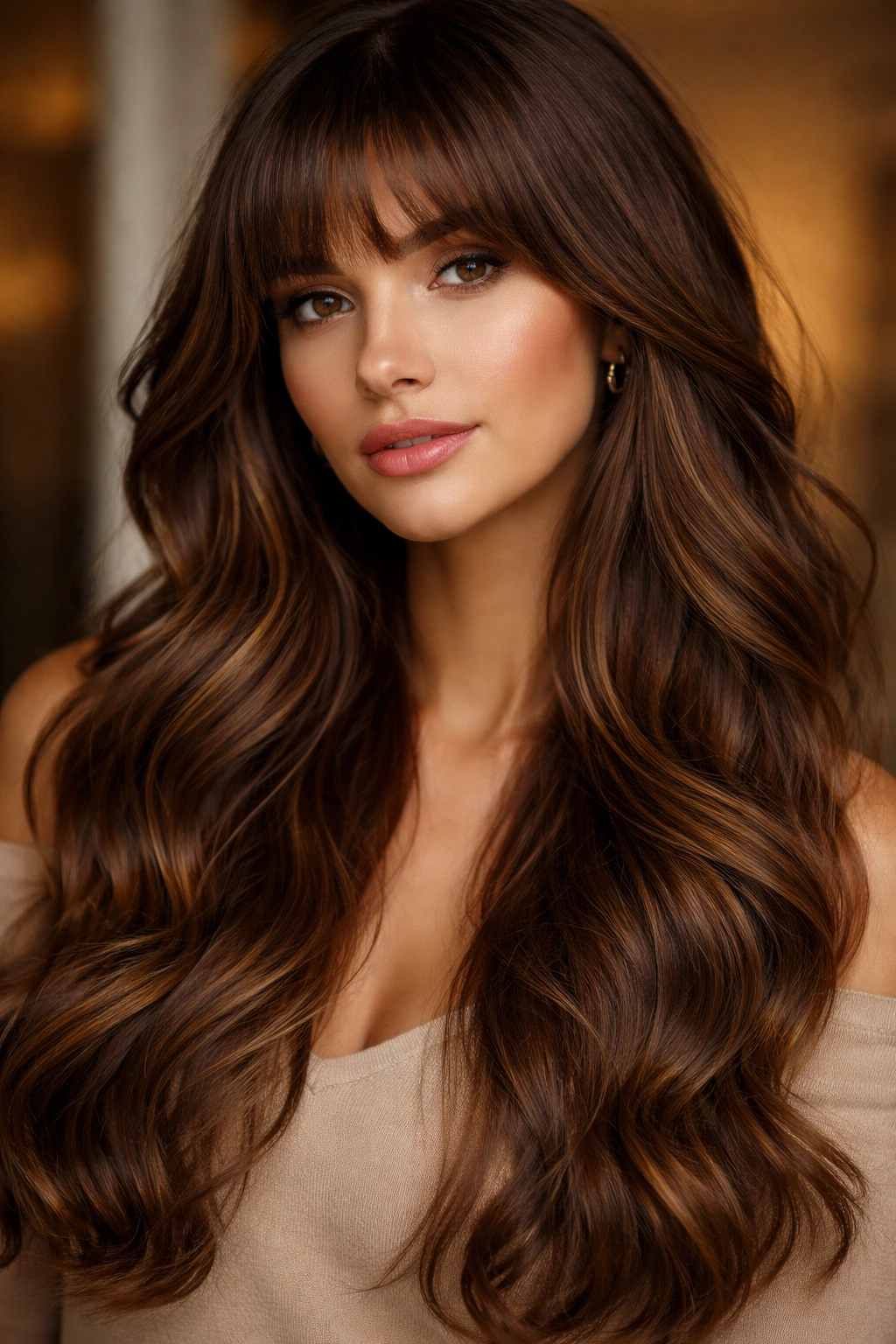 Long warm brown waves with arched bangs framing the face