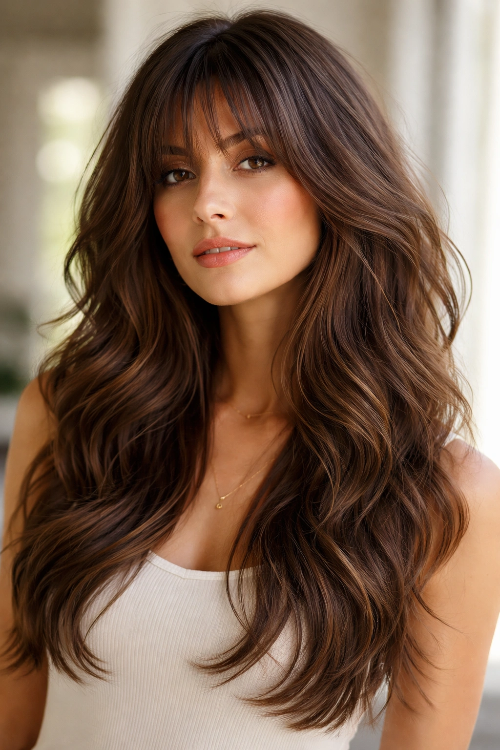 Portrait of a person with long wavy layered hair and curtain bangs framing the face