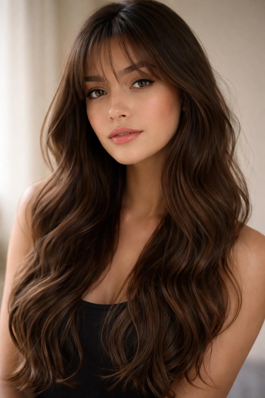 Long hair with soft waves and barely-there wispy bangs