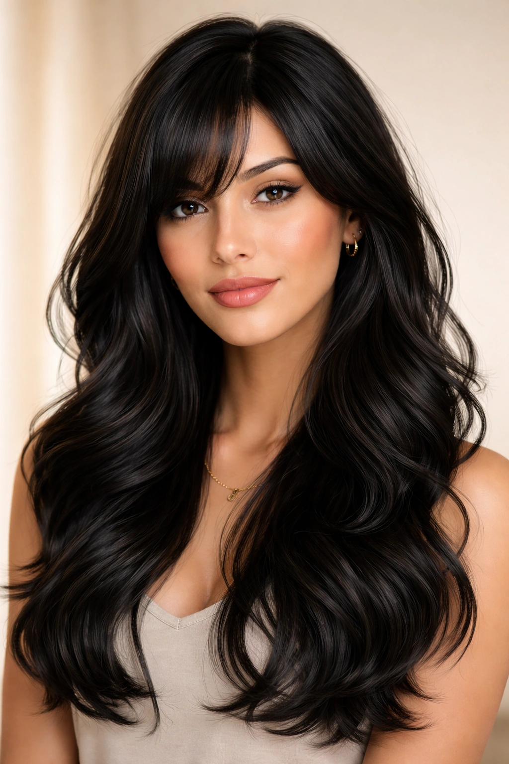 Close-up of long black hair with layered waves and side-swept bangs