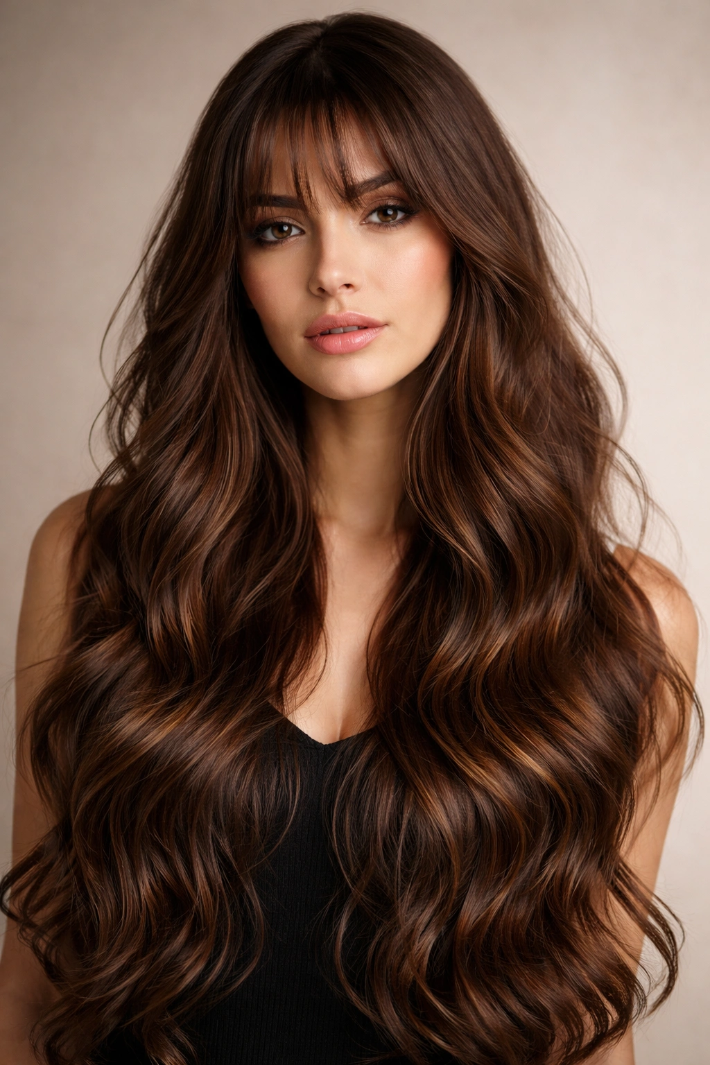 Extra-long waves with delicate face-framing bangs on rich brown hair in studio portrait