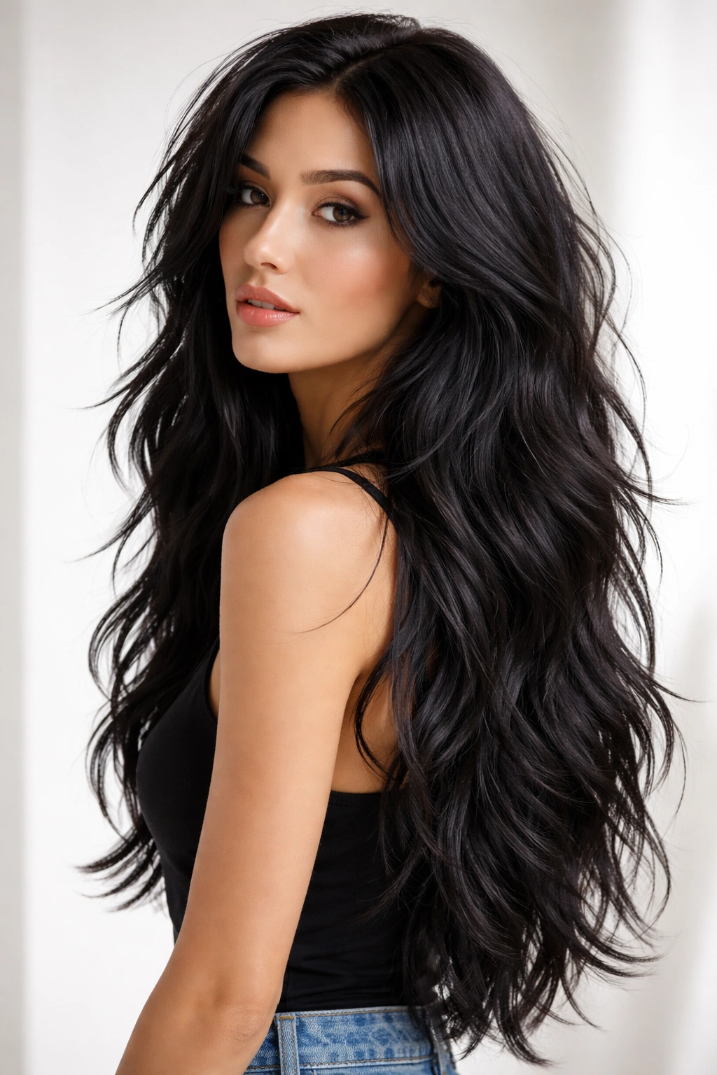 Portrait of long black hair with clearly defined choppy layers and bold movement