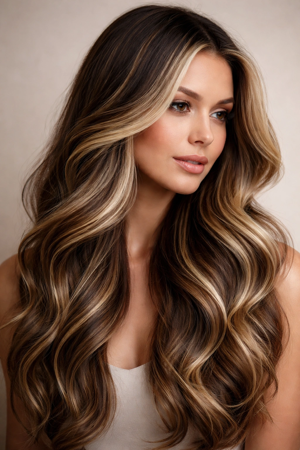 Close-up of long wavy hair with dark side shadows and light crown highlights