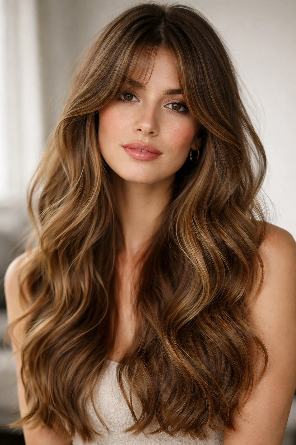 Long wavy hair with curtain bangs framing the face in a studio portrait