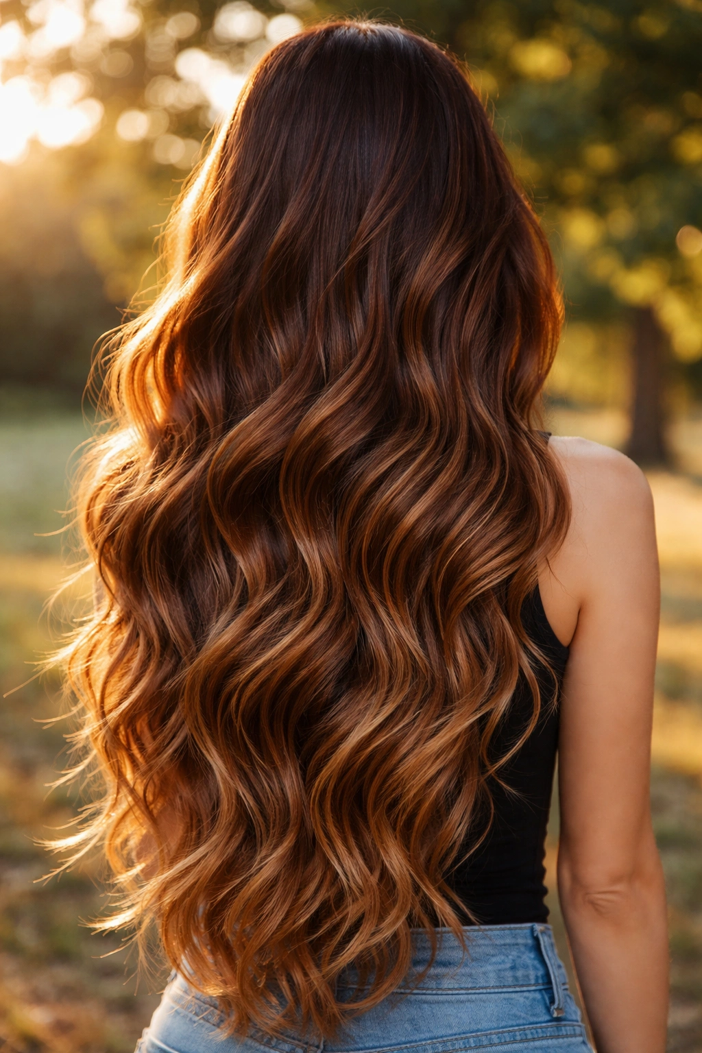 Waist-length hair with darker auburn roots and lighter ends in soft waves