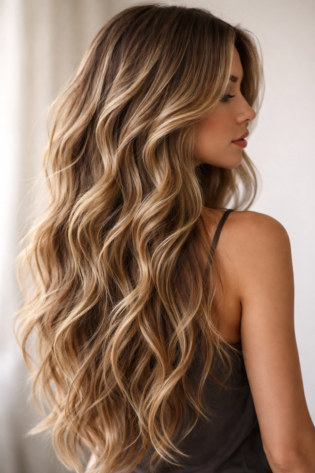 Close-up of waist-length hair with long flowing waves and layered texture, light catching different sections.
