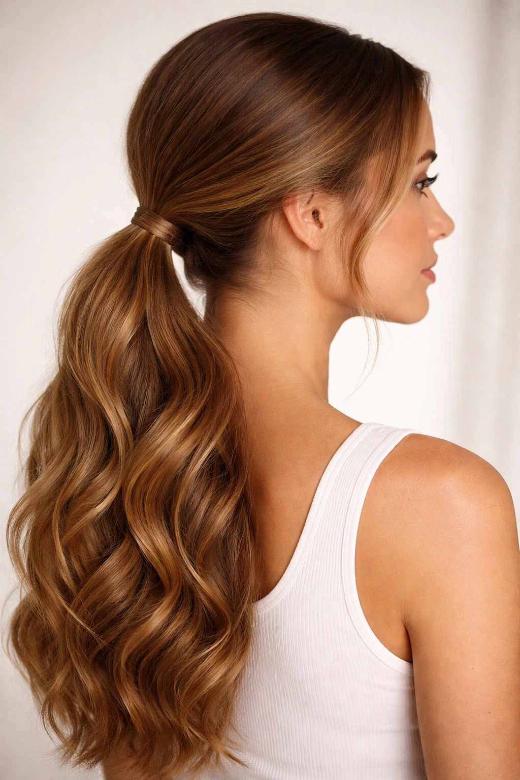 Long waves pulled into a low ponytail at the nape showing smooth crown and textured length