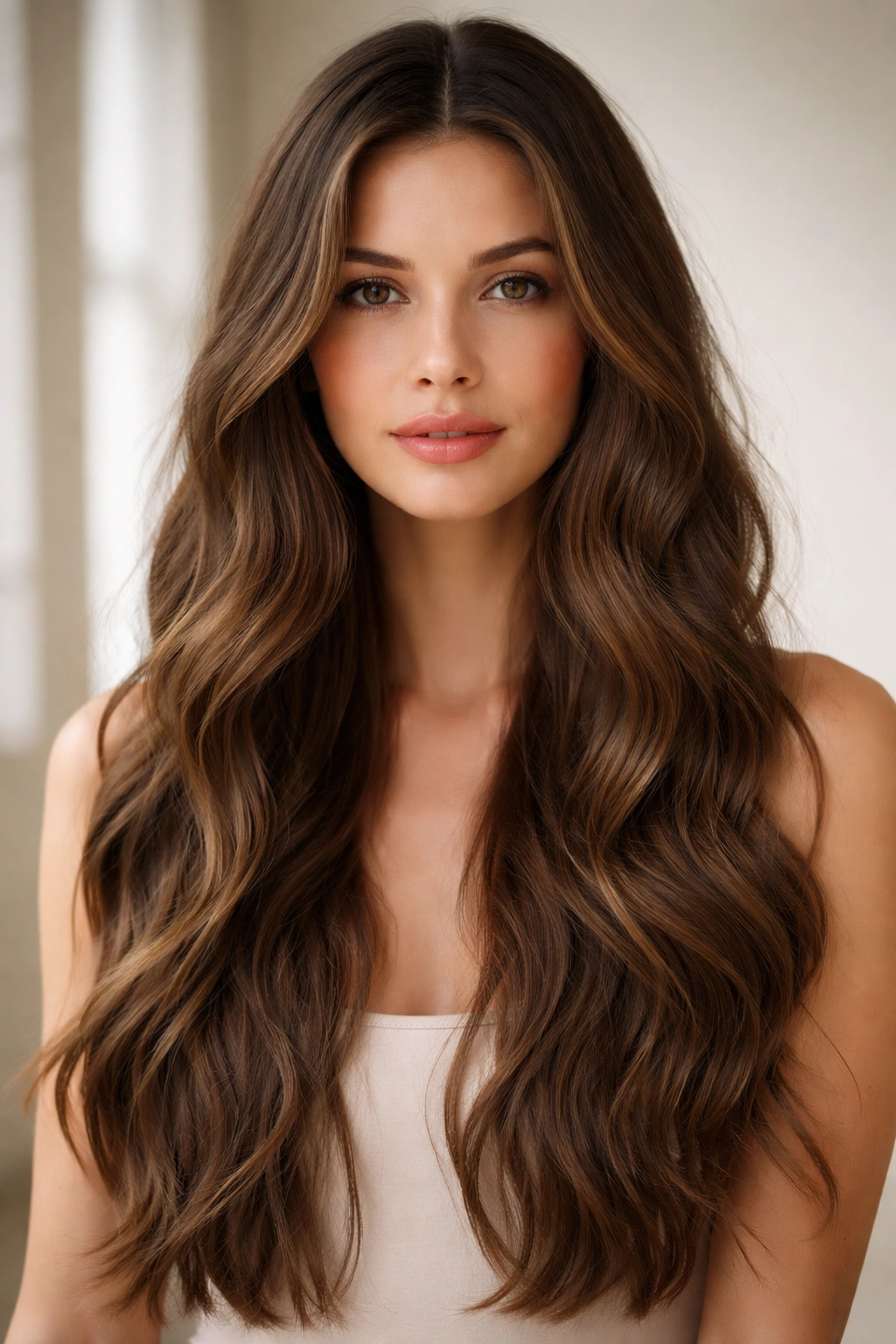 Long hair with middle-parted oversized waves in a photorealistic portrait.