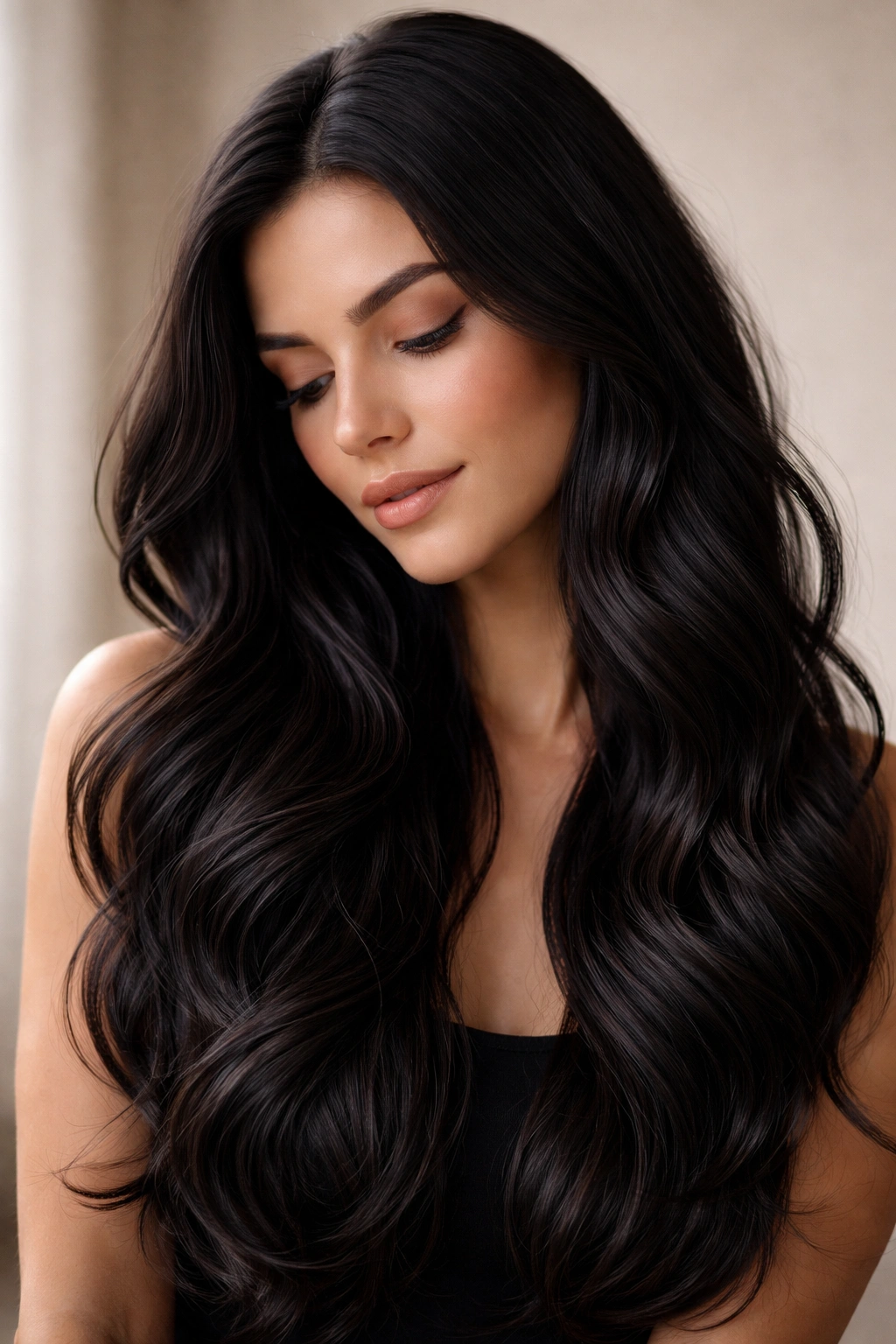 Contemplative portrait of a person with long, wavy black hair