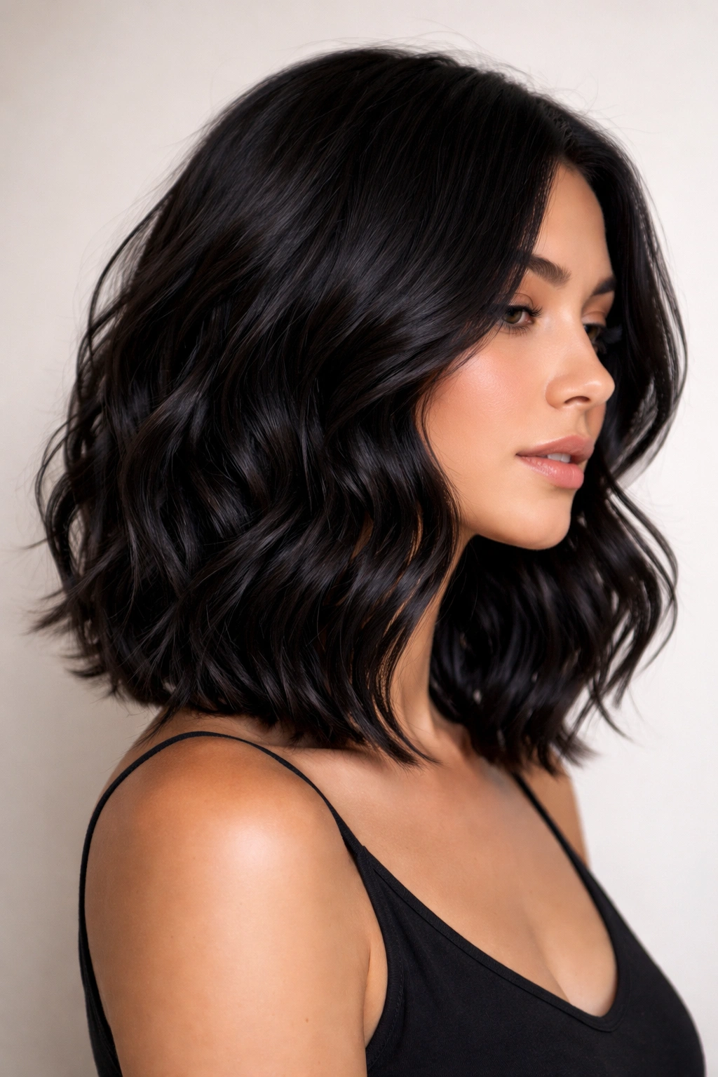 Long wavy bob with blended texture around collarbone