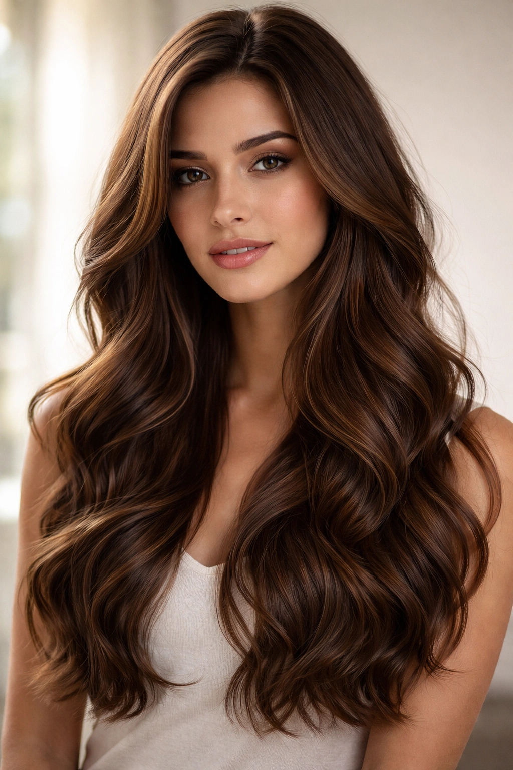 Long chestnut hair with hidden layers visible through waves.