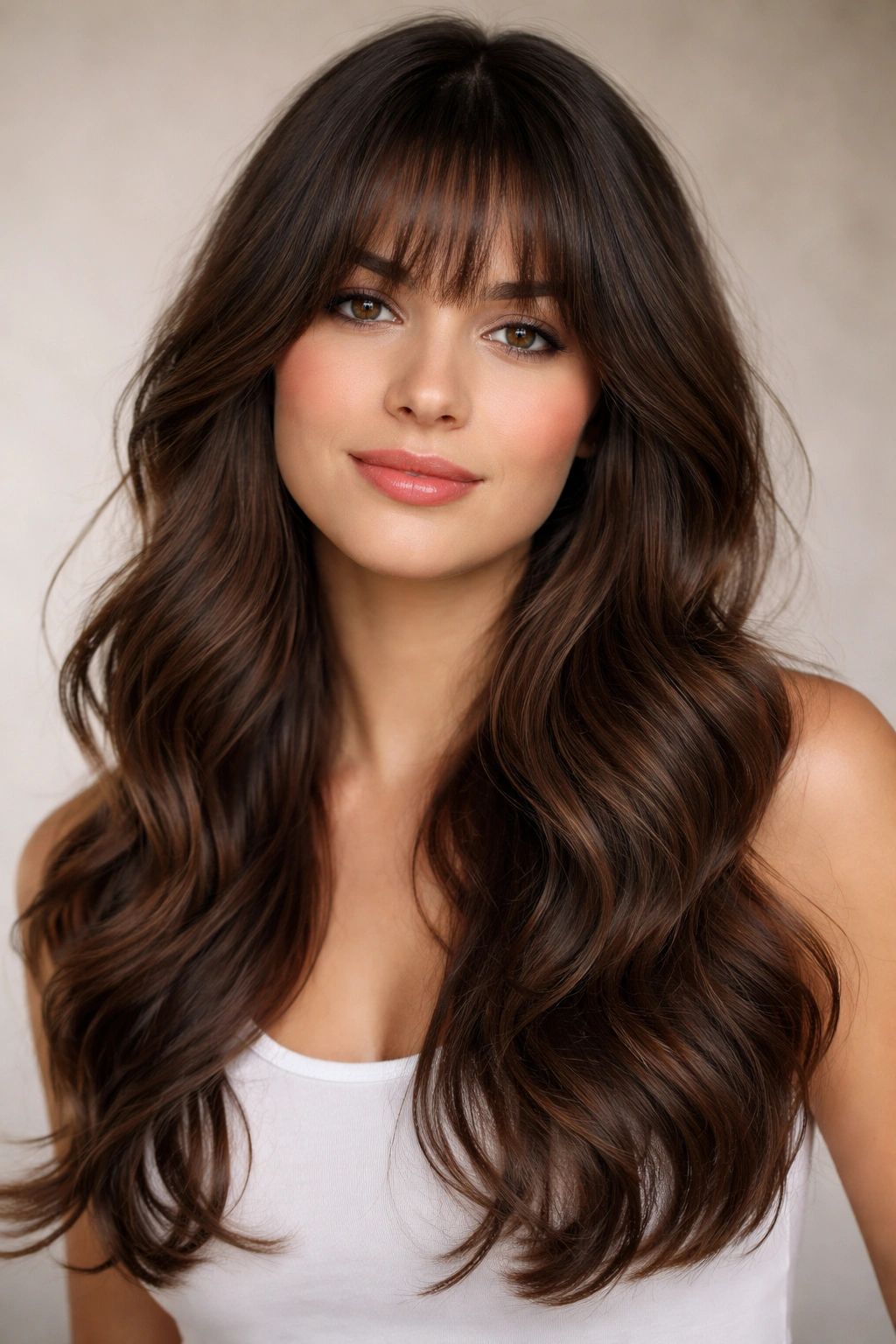Portrait of a person with long wavy hair and bangs flattering a round face