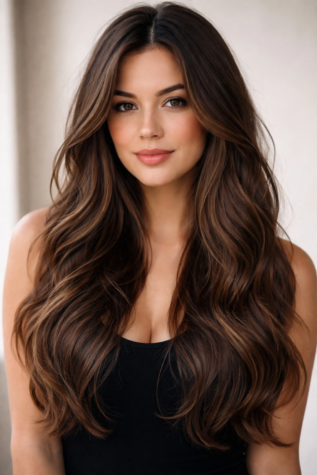 Close-up of a model with long wavy hair featuring subtle face-framing layers and soft waves.