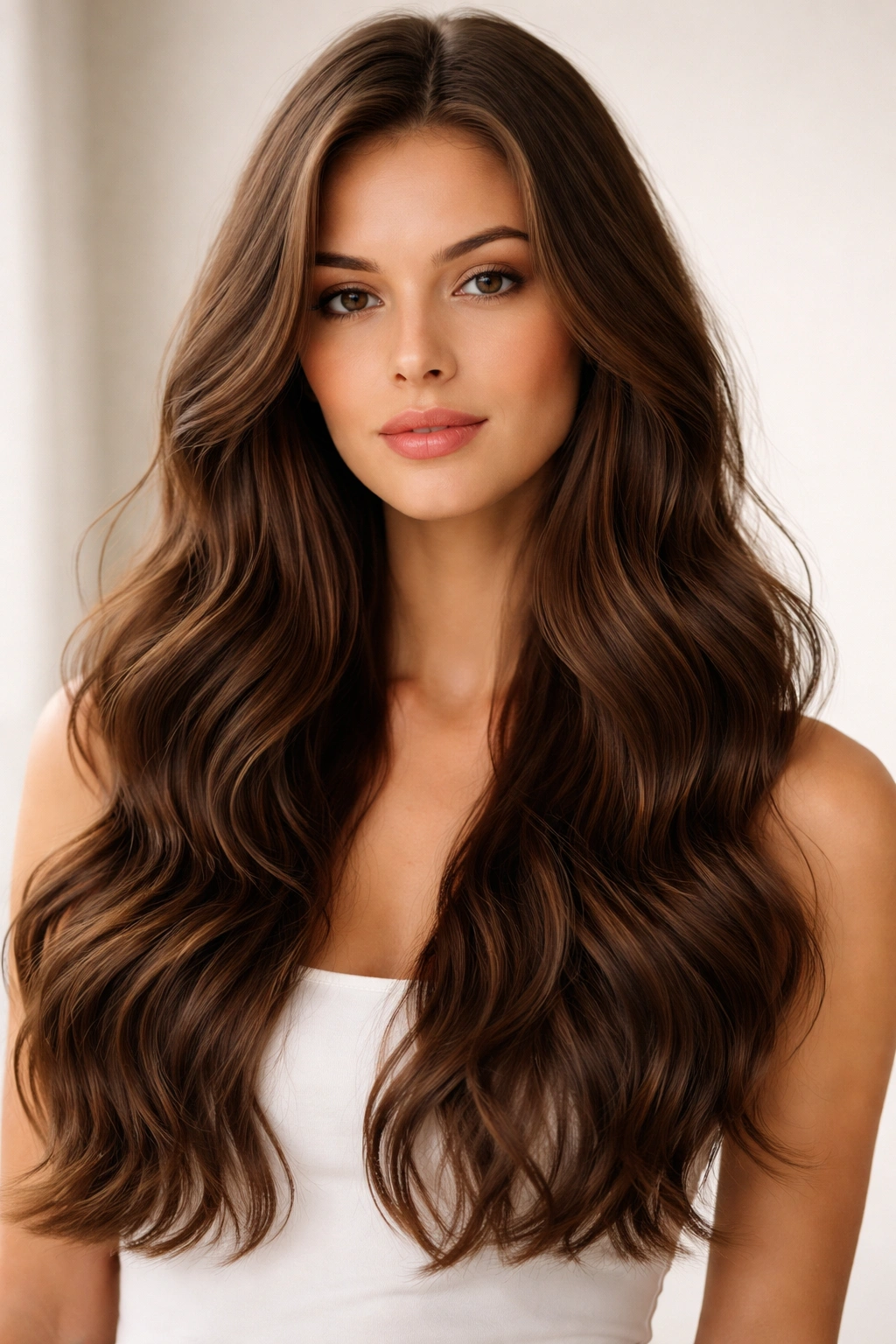 Long wavy hair with minimal layers highlighted in a studio portrait