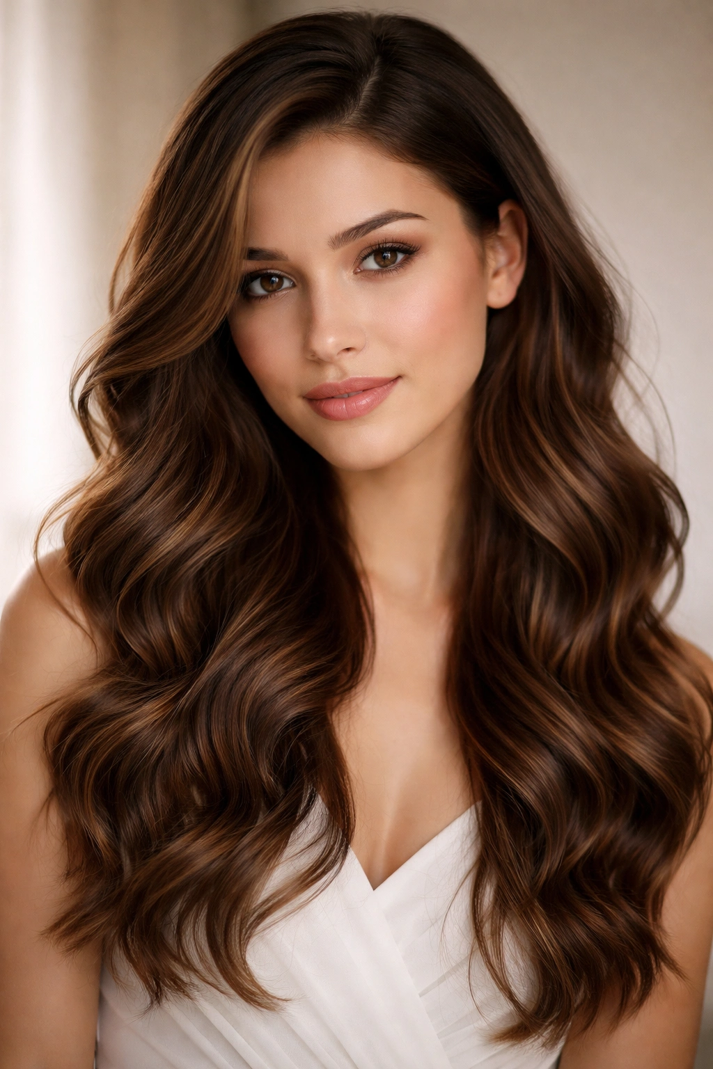 Portrait of long wavy hair from a deep side part