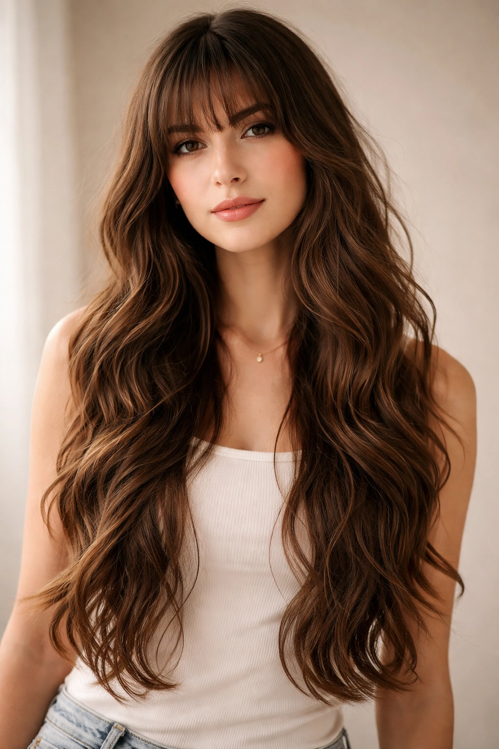 Portrait of a person with long, thick wavy hair, wispy bangs, and minimal layers
