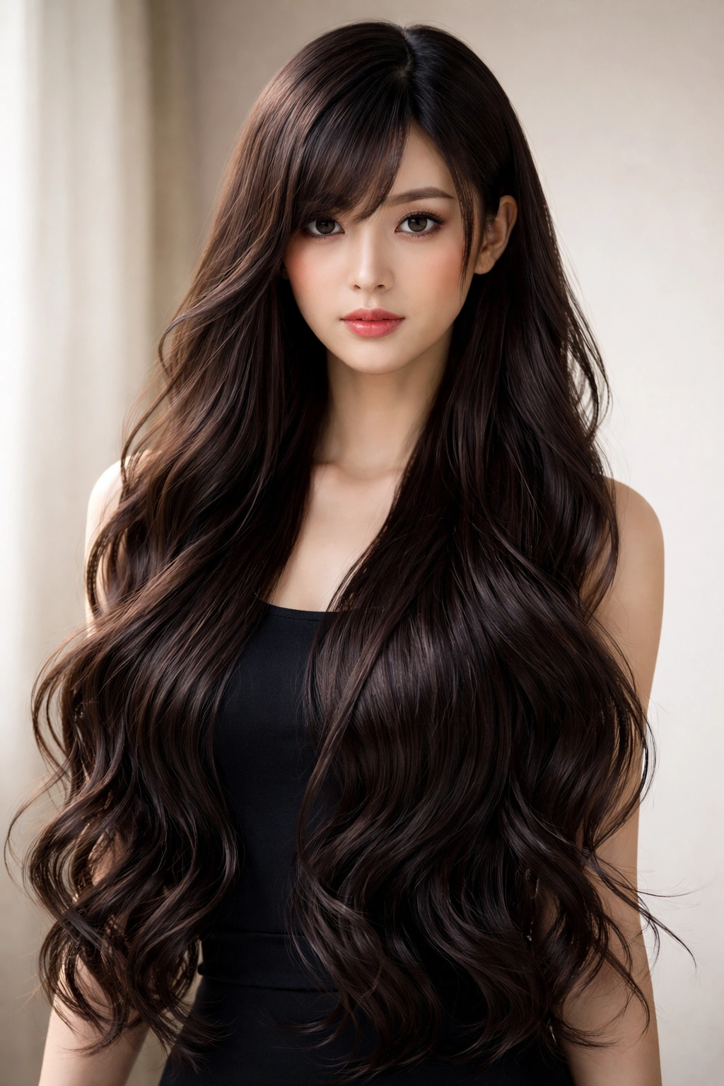Long wavy hime with deep side part and flowing waves