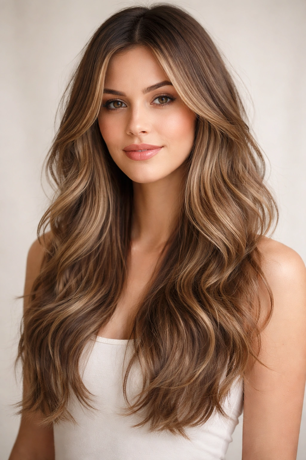 Long wavy hair with face-framing pieces and layered waves in a studio portrait